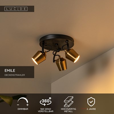 Lucide EMILE - Deckenstrahler - Ø 23 cm - 3xGU10 - Mattes Gold / Messing